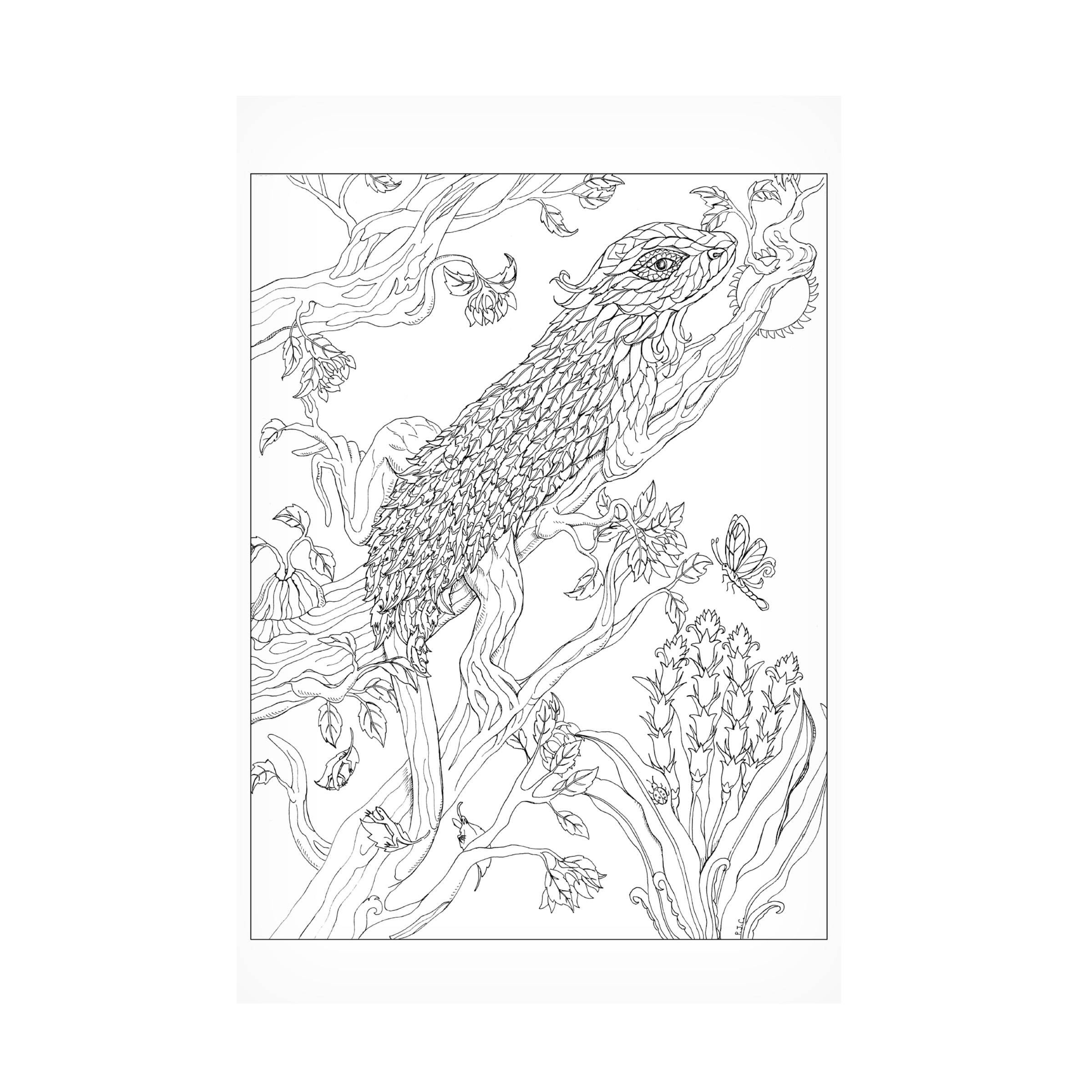 Tree Lizard Line Drawing Canvas Art in White and Gray