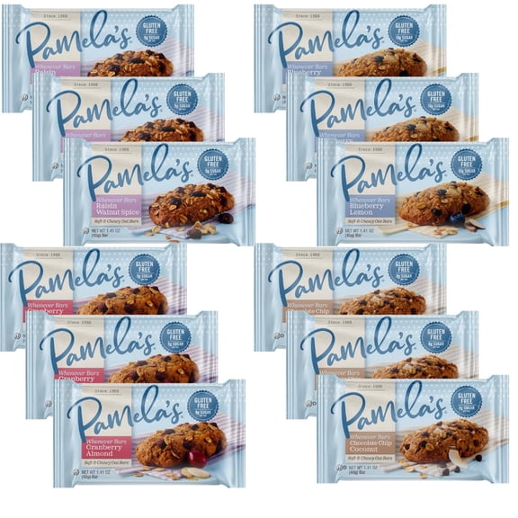 Pamelas Whenever Snack Bars Variety Pack, 12 Count (4 Flavors, 3 Each) Almond Cranberry, Raisin Walnut, Blueberry Lemon & Coconut Chocolate Chip