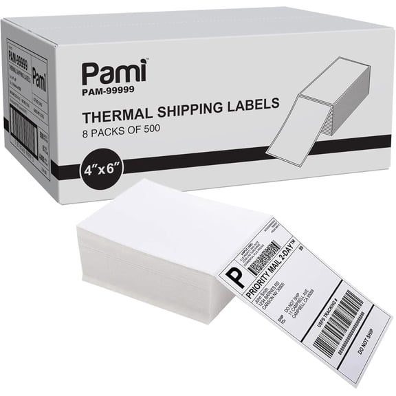 PAMI 4x6 Direct Thermal Shipping Labels, 4000 Fanfold Labels (8 x 500), Strong Adhesive, Waterproof, Oil-Resistant, Jam-Free, Compatible with Thermal Printers