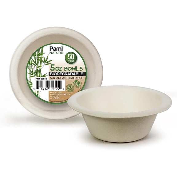 Pami Biodegradable Sugarcane Bowls, 5 Oz - 50-Pack Compostable Disposable Bowls, Microwavable Bagasse Paper Serving Bowls