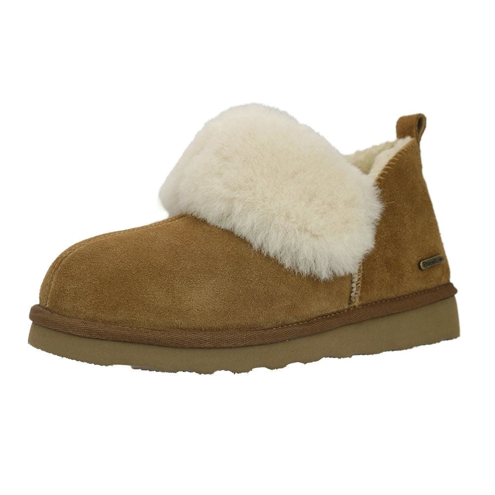 PAMIR Vrouwen Echt Suede Shearling Enkel Mocassin Booties Slippers Laarzen Memory Foam Indoor Outdoor, Kastanje, 41 EU