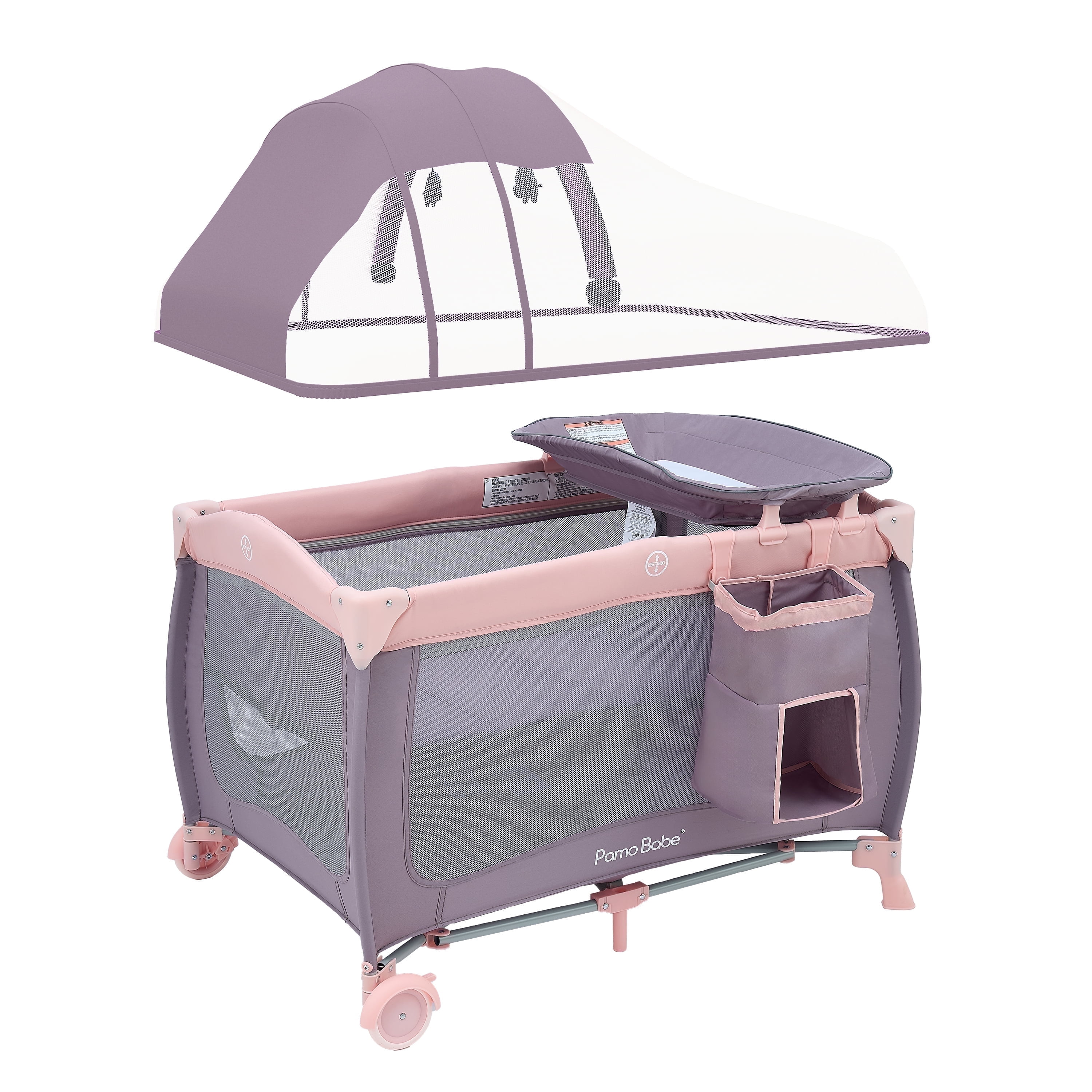 Pamo Babe Baby Playard, Foldable Changing Table, Wheels, Canopy for Newborn, Four-Panels