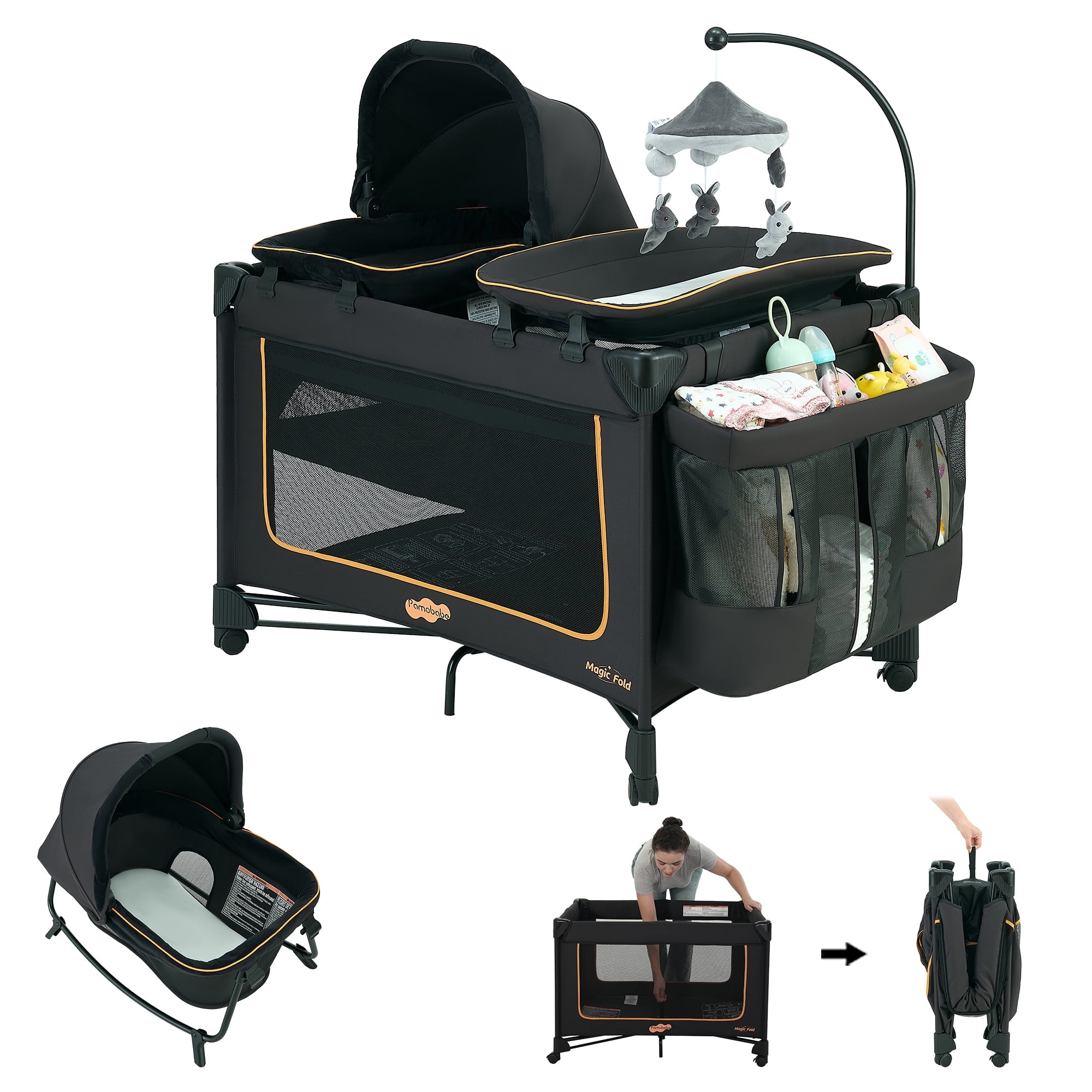 Pamo Babe Baby Playard Magic Fold 1 Step Bassinet & Changing Table for Newborn, 4-Panels (Black)