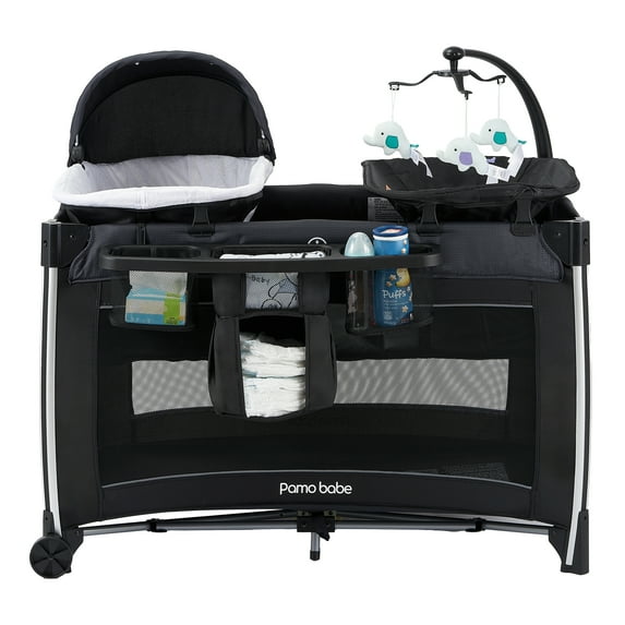Pamo Babe 4 in 1 Baby Playard, Foldable Portable Crib with Bassinet & Changing Table and Toy Bar(Black)