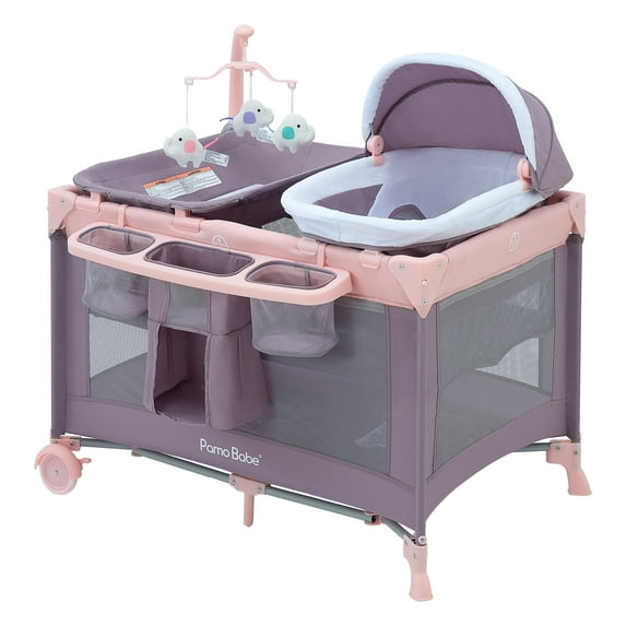 Pamo Babe Nursery Center Playard with Bassinet & Changing Table for Newborn,4-Panels Playpen