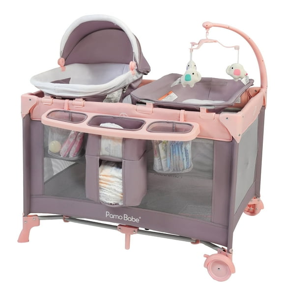 Pamo Babe 4-in-1 Baby Playard with Bassinet & Changing Table for Newborn,4-Panels Playpen