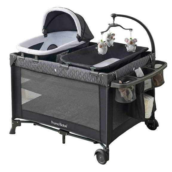 Pamo Babe Unisex Nursery Center Playard with Bassinet & Changing Table for Newborn,Grey
