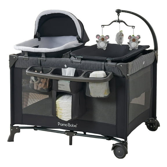 Pamo Babe 4-in-1 Baby Playard with Bassinet & Changing Table for Newborn,Grey