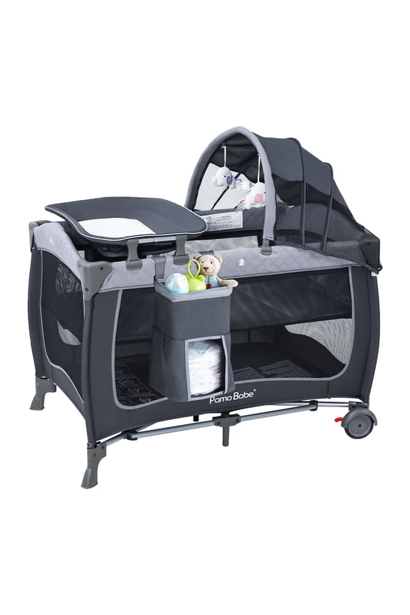 Baby Playard with Bassinet, Portable Pack and Play Wheels, Canopy, Changing Table for Newborn(Grey)