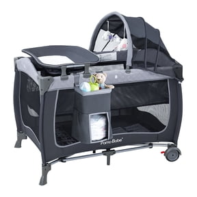 Pamo Babe Baby Playard with Bassinet, Portable Pack and Play Wheels, Canopy, Changing Table for Newborn(Grey)