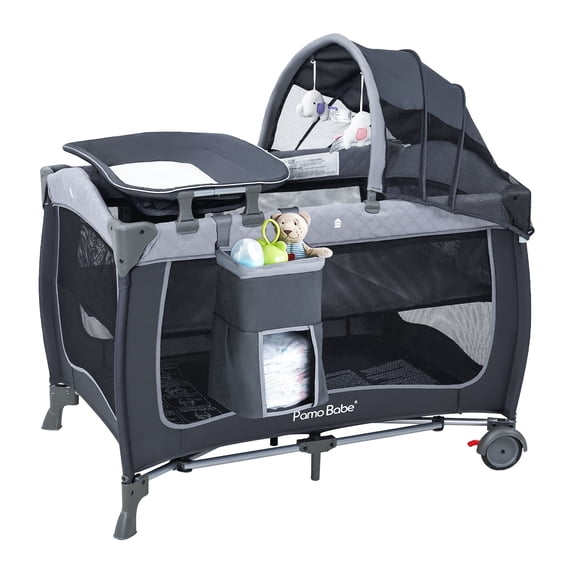 Pamo Babe Baby Playard with Bassinet, Portable Pack and Play Wheels, Canopy, Changing Table for Newborn(Grey)