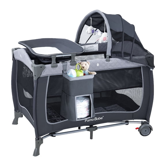 Pamo Babe Baby Playard with Bassinet, Portable Pack and Play Wheels, Canopy, Changing Table for Newborn(Grey)