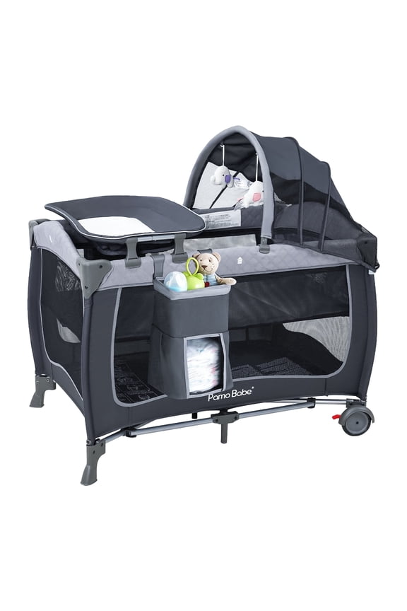 Baby Playard with Bassinet, Portable Pack and Play Wheels, Canopy, Changing Table for Newborn(Grey)
