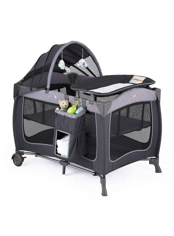 Pamo Babe Unisex Portable Baby Play Yard Include Wheels, Canopy, Changing Table for Newborn(Grey)