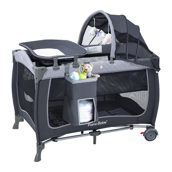 Pamo Babe Baby Playard with Bassinet, Portable Pack and Play Wheels, Canopy, Changing Table for Newborn(Grey)