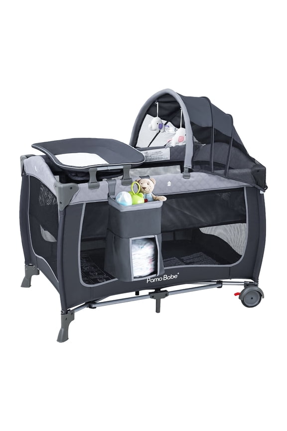 Baby Playard with Bassinet, Portable Pack and Play Wheels, Canopy, Changing Table for Newborn(Grey)