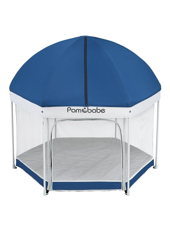Pamo Babe Unisex Premium Indoor and Outdoor Baby Playpen - Portable, Lightweight, Toddler Play Yard w/Canopy and Travel Bag - Blue