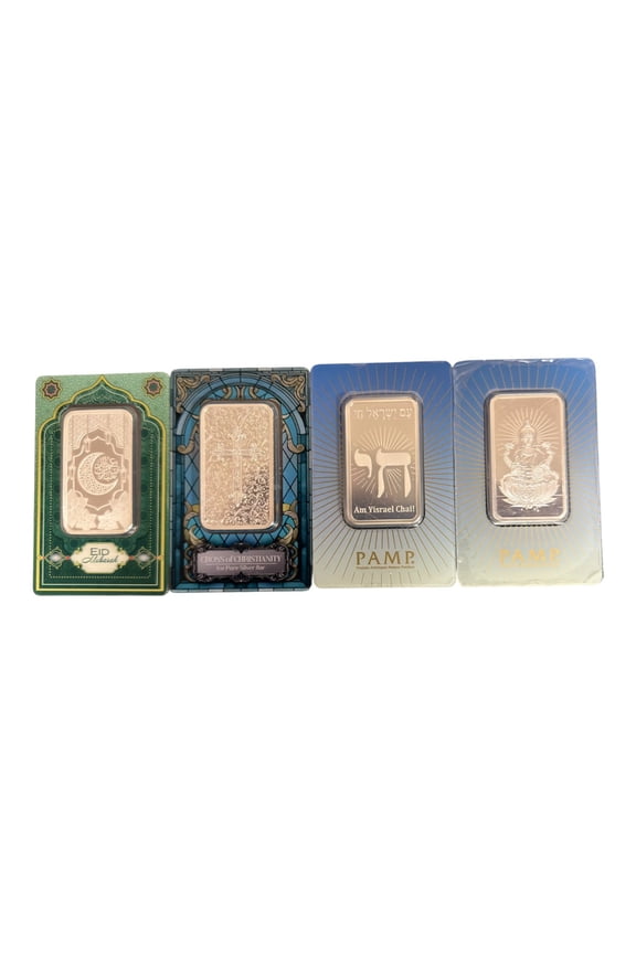 Pamp Religious 1 oz (Total 4oz) Silver Bars Set -Cross, Lakshmi, Eid, Am Yisrael