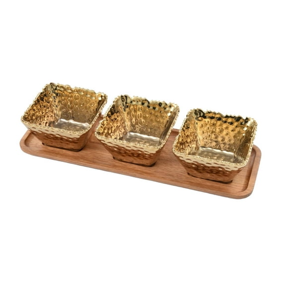 Pampa Bay Gold Porcelain Entertaining Set, 3 Square Snack Bowls with Wood Tray