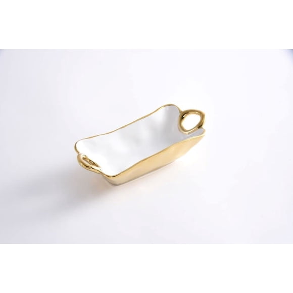 Pampa Bay Porcelain Mini Rectangular Bowl, 7.25" x 3.25" x 1.75", White and Gold