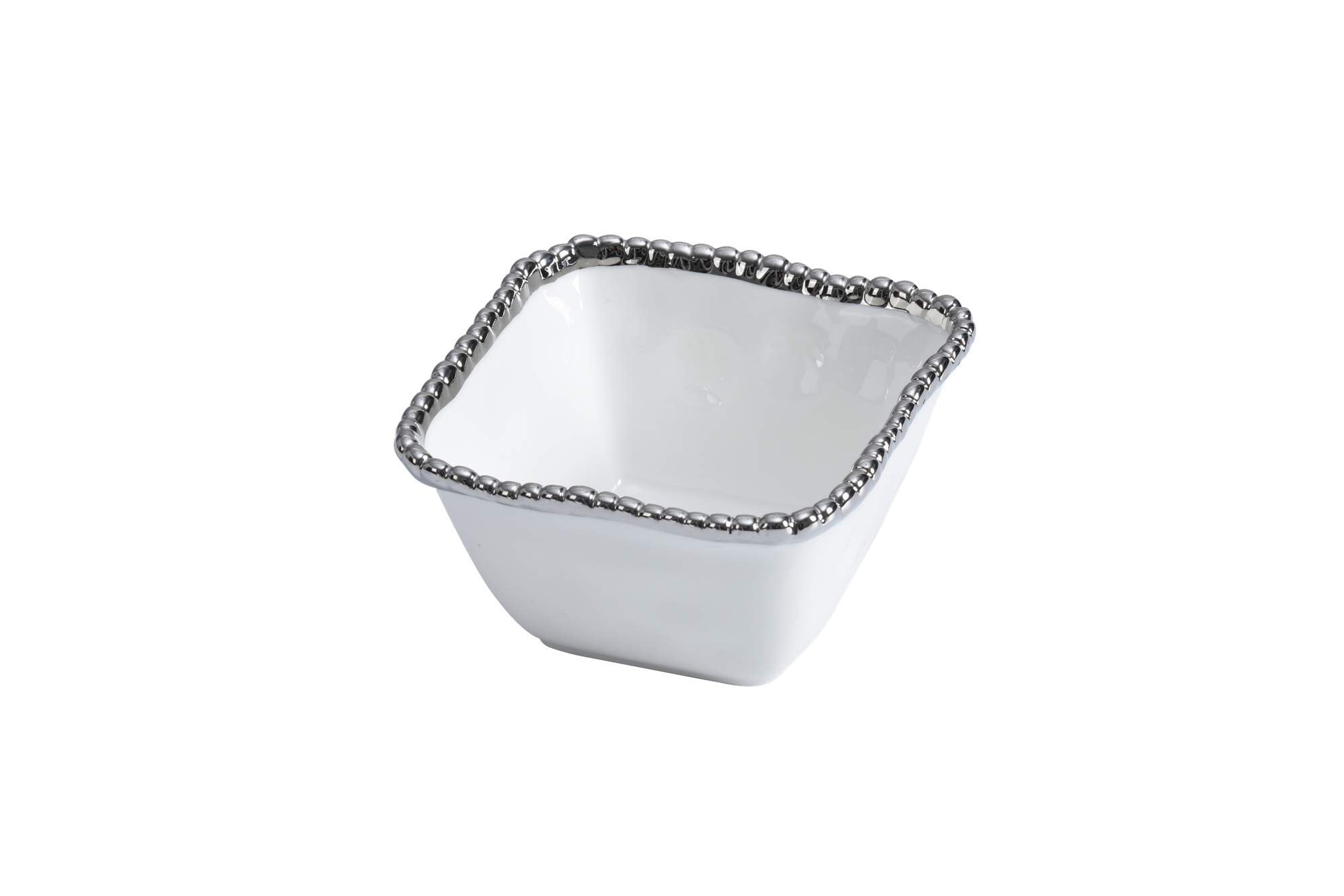 White and Silver Ceramic Square Snack Bowl with Beaded Rim