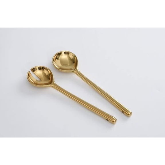 Pampa Bay Wood Look Titanium-Plated Porcelain Salad Server Set, 10.5 Inch, Gold/White/Wood look