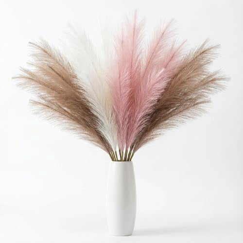 Pampas Grass Decor 30pcs 21.7 Inch, Faux Pampas Grass White Pink Brown Artificial Dried Flowers Fluffy No Shedding for Boho Wedding Home Bedroom Vase Filler