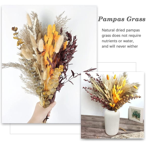 Pampas Grass Decor,Dried Flowers,Dried Pampas Grass Decor,95 PCS 17 Inch Pampas Grass,Bunny Tails Dried Flowers, Natural White Pompas For Wedding, Floor Vase Boho Flowers(95pcs 17in)