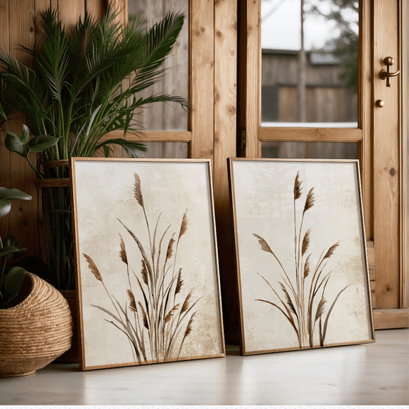 Pampas Grass Neutral Botanical Rustic Boho Poster Set 2 Prints Set 2 , Poster Only