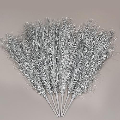 Pampas Grass Silver Decor 6-Pcs 17" Faux Pompas Fluffy Artificial Pompous Grass Fake Flower Bulrush Reed Grass for Vase Filler Ins Style Modern Home Christmas Wedding Decorations(Silver)
