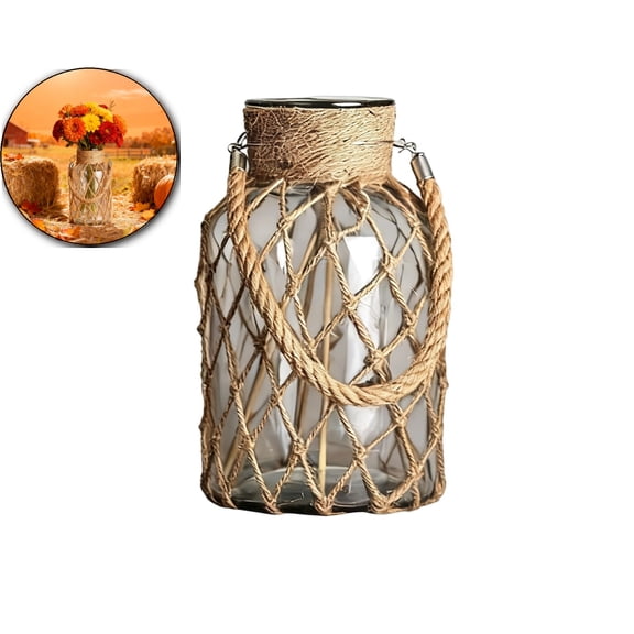 Pampas Grass Vase, Boho Home Decor for Bedroom/Living Room/Coffee, Fall Farmhouse Decor, Glass Vase with Hand-Woven Hemp Rope, Modern Home