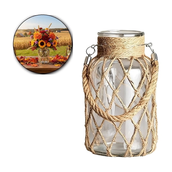 Pampas Grass Vase, Boho Home Decor for Bedroom/Living Room/Coffee, Fall Farmhouse Decor, Glass Vase with Hand-Woven Hemp Rope, Modern Home
