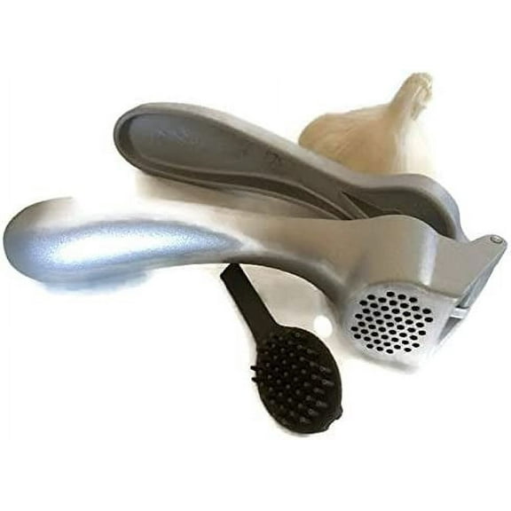 Pampered Chef Garlic Press 2575 - Easy Squeeze, Rust Proof, Ergonomic Handle - Professional Garlic Mincer & Ginger Press with Handy Cleaning Brush