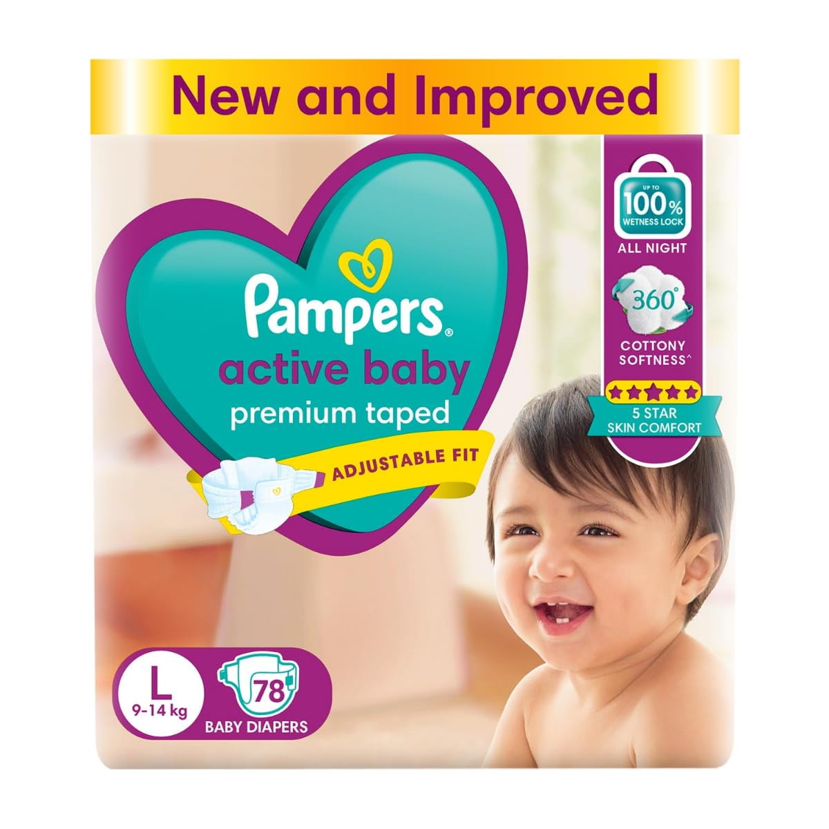 Pampers Active Baby Tape Style Diapers, Large 78 Count, Age 9-14 Months