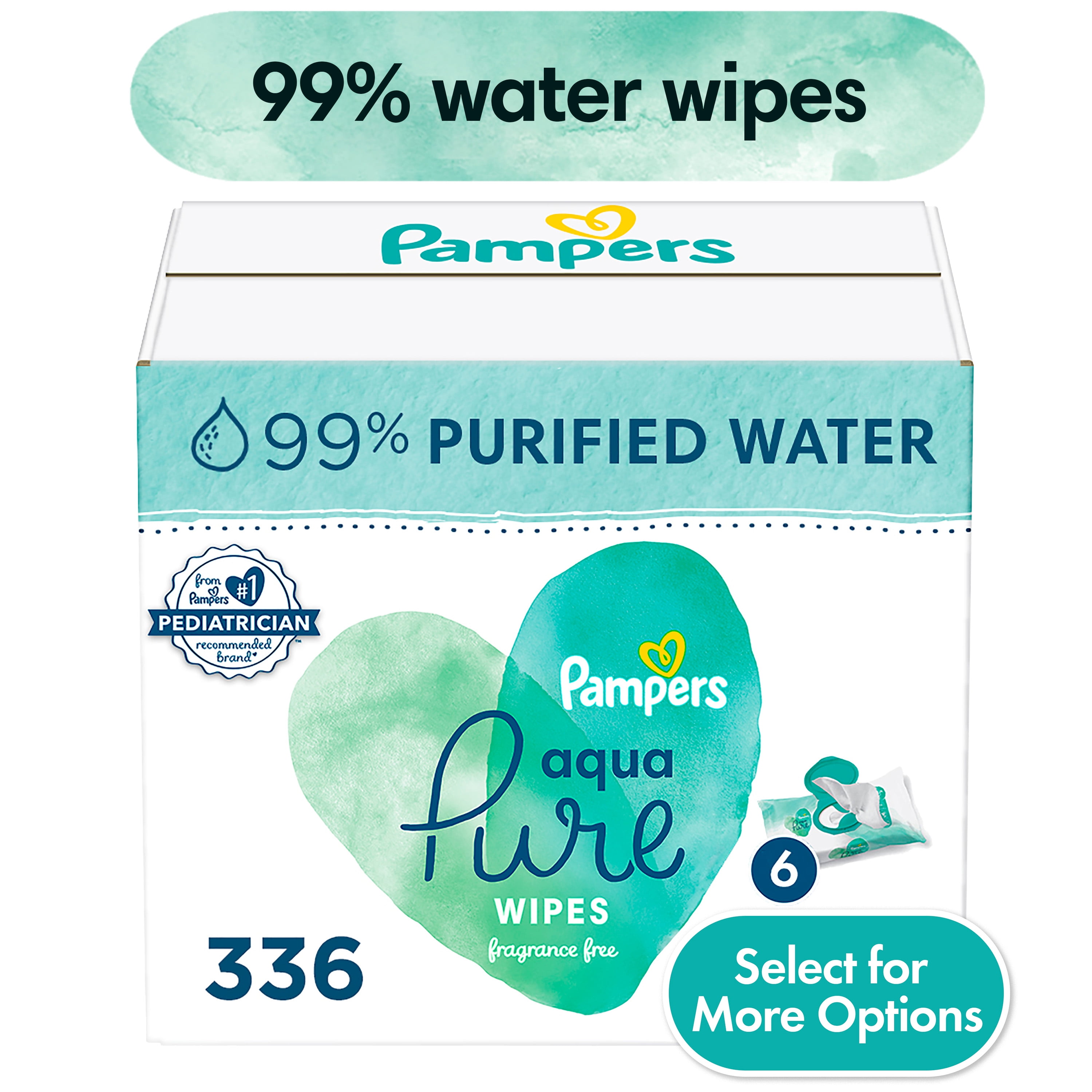 Pampers Aqua Pure Baby Wipes, 99% water, Unscented, 6-Pack 336 Wipes (Select for More Options)