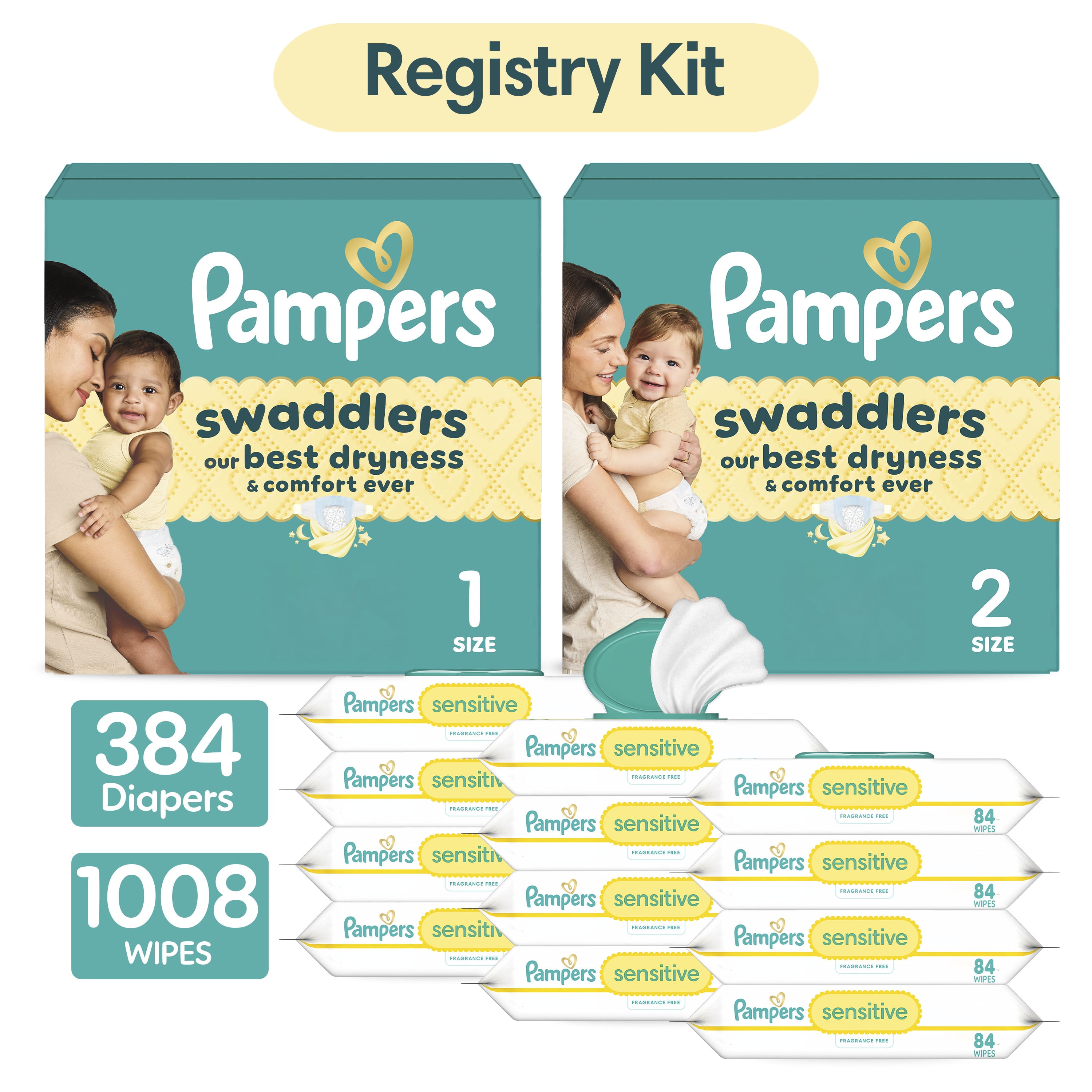 Pampers Baby Diapers and Wipes Starter Kit, Swaddlers Disposable Sizes 1 (198 Count) & 2 (186 Count) with Sensitive Water Based 12X Multi Pack Pop-Top (1008 Count)
