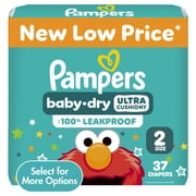 Pampers Baby Dry Diapers, Size 2 10-22 lbs, 37 Count, Up to 100% leakproof disposable diaper
