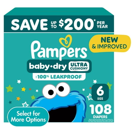 Pampers Baby Dry Baby Diapers Size 6, 108 Count (Select for More Options)