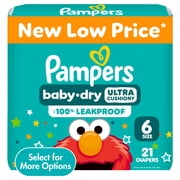 Pampers Baby Dry Ultra Cushiony Diapers, Size 6 (23-44 lbs), 21 Count, Up to 100% leakproof disposable diaper