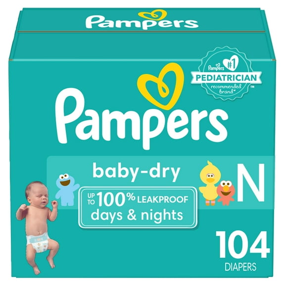 Pampers Baby Dry Diapers Newborn - Size 0, 104 Count, Absorbent Disposable Diapers Package May Vary