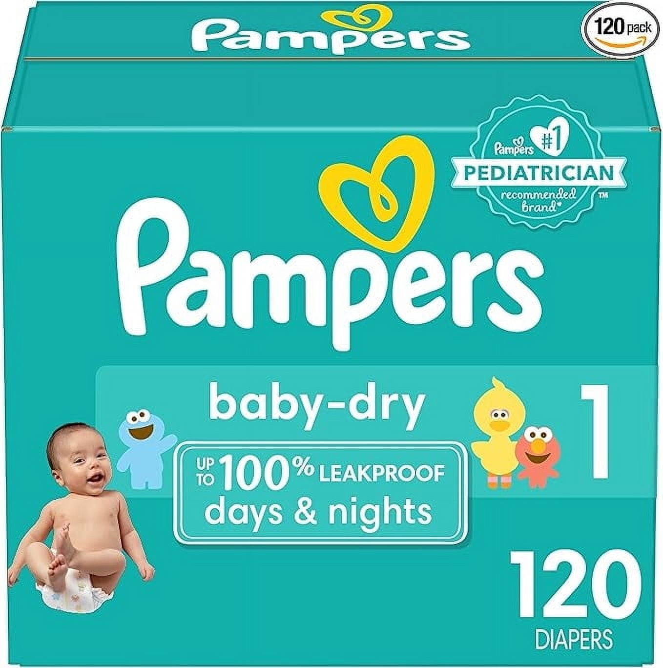 Pampers Baby Dry Diapers - Size 1, 120 Count, Absorbent Disposable Diapers