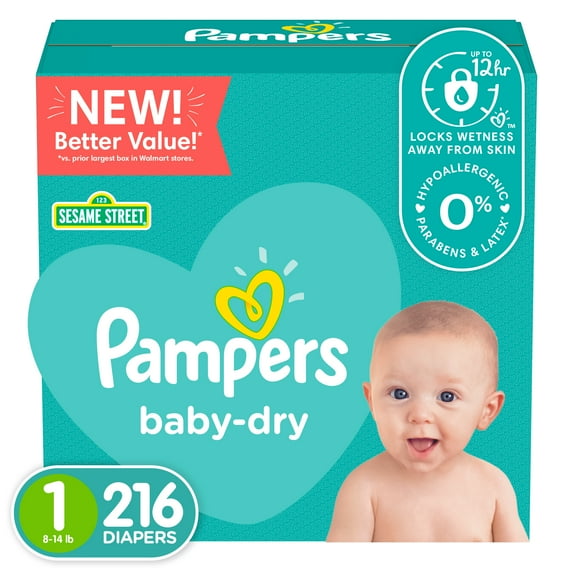 Pampers Baby-Dry Extra Protection Diapers, Size 1, 216 Count
