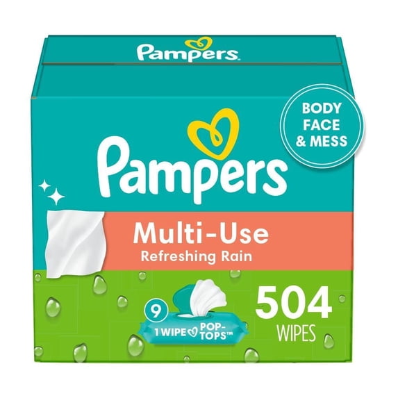Pampers Baby Wipes Multi-Use Refreshing Rain 9X Flip Top Packs 504 Count