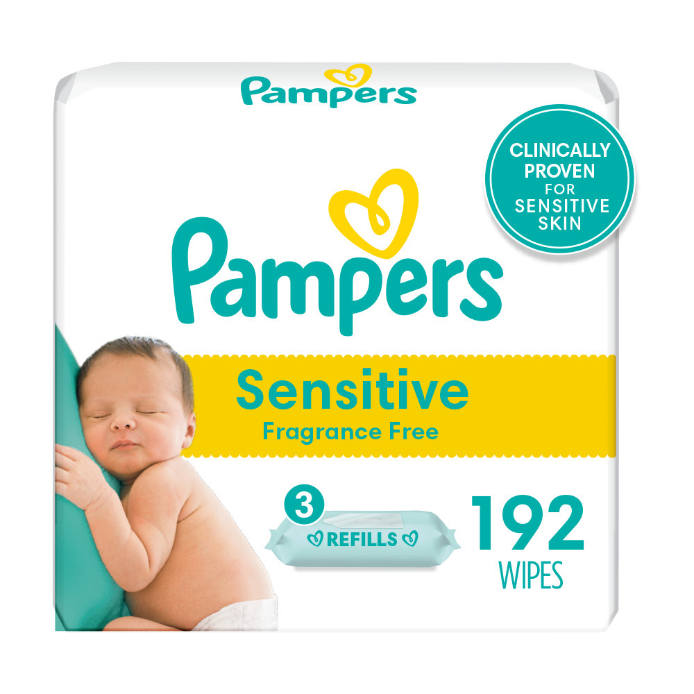Pampers Baby Wipes, Sensitive, Perfume Free, 3X Refill Packs, 192 Ct - image 1 of 12