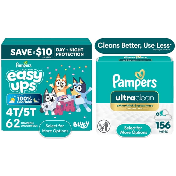 Pampers Easy Ups Bluey Potty Training Pants Size 4T5T, 62 Count & Ultra Clean Wipes 156 Count Bundle (Select for More Options)