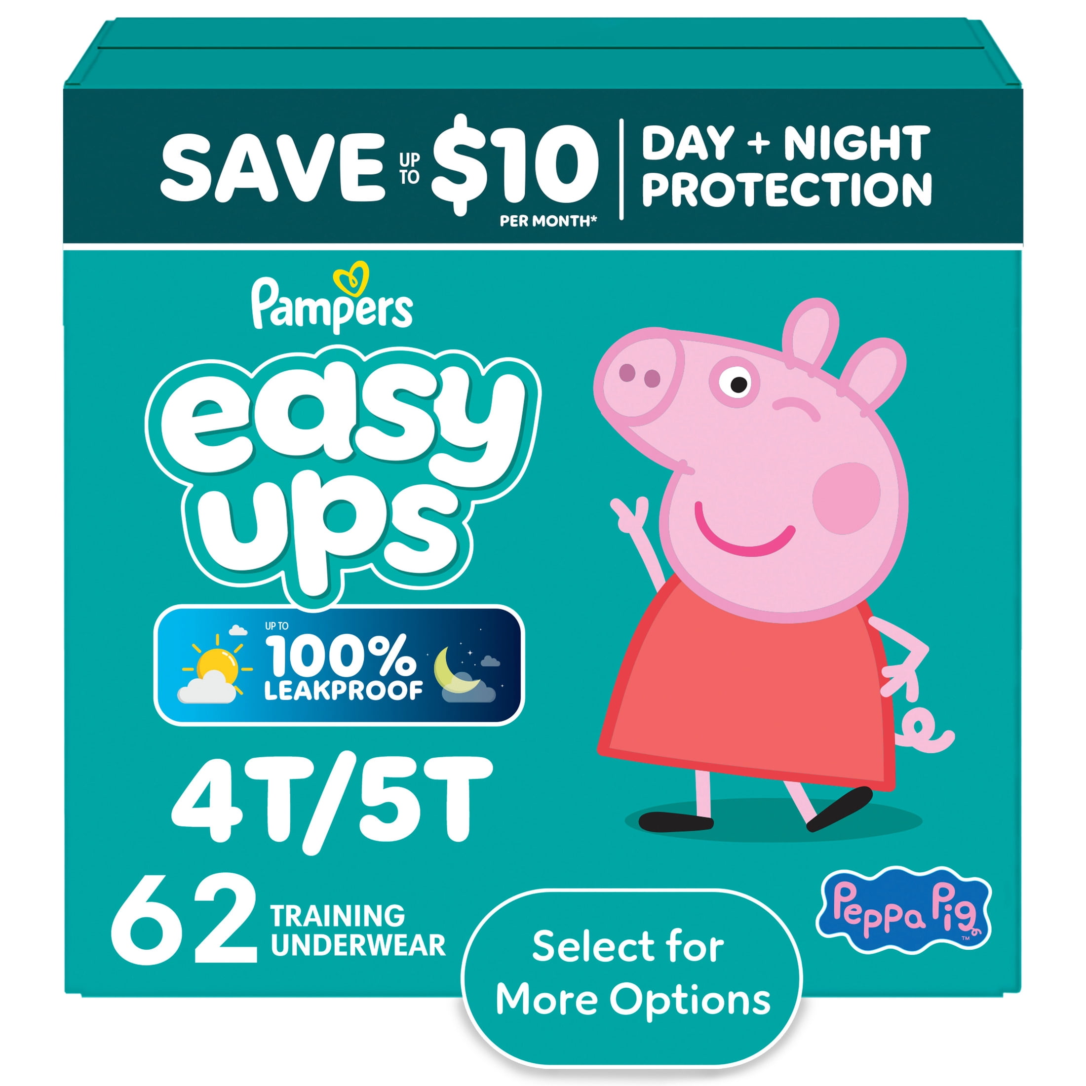 Pampers Easy Ups Girls & Boys Potty Training Pants, Size 6 (4T5T), 62 Count, Peppa Absorbent Training Underwear, Up to 100% Leakproof Day and Night, Hypoallergenic