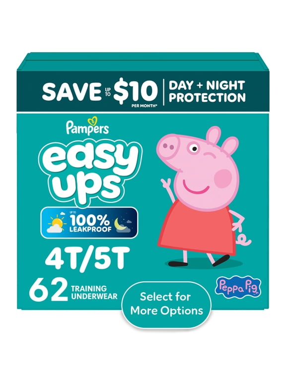 Easy Ups Girls & Boys Potty Training Pants, Size 6 (4T5T), 62 Count, Peppa Absorbent Training Underwear, Up to 100% Leakproof Day and Night, Hypoallergenic