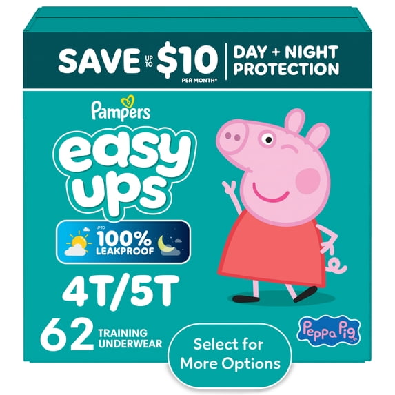 Pampers Easy Ups Girls & Boys Potty Training Pants, Size 6 (4T5T), 62 Count, Peppa Absorbent Training Underwear, Up to 100% Leakproof Day and Night, Hypoallergenic