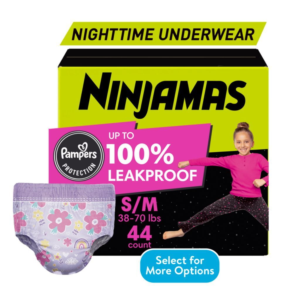 Ninjamas Girls Bedwetting Nighttime Underwear, Size S/m (37-90 lbs), 44 Count (Select for More Options)