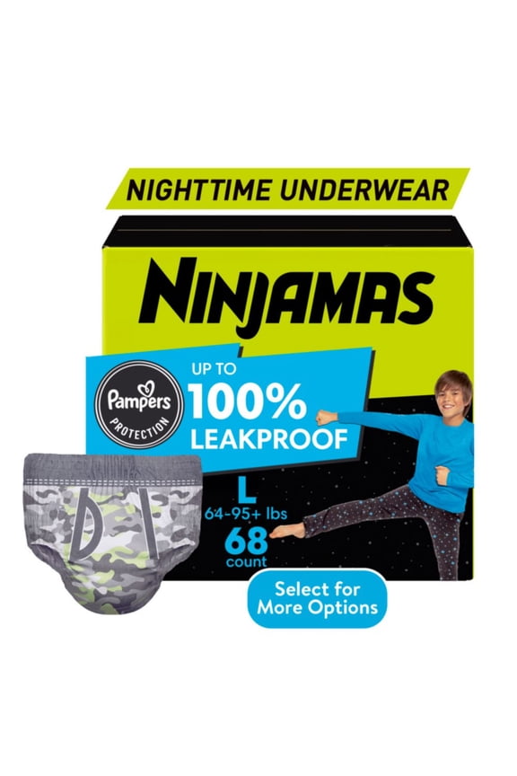 Ninjamas Boys Bedwetting Nighttime Underwear, Size L (64-95+ lbs), 68 Count (Select for More Options)
